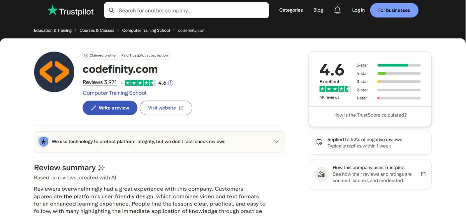 Trustpilot listing for Codefinity