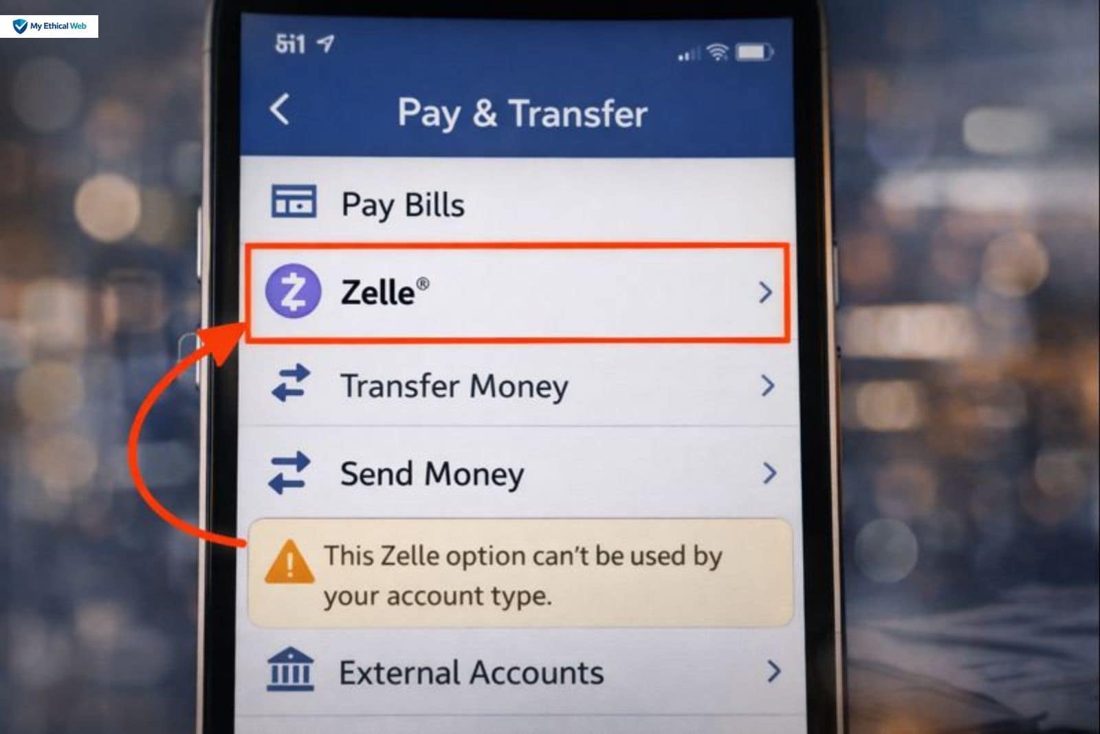 Bank app showing Zelle option that may not be accessible for all account types